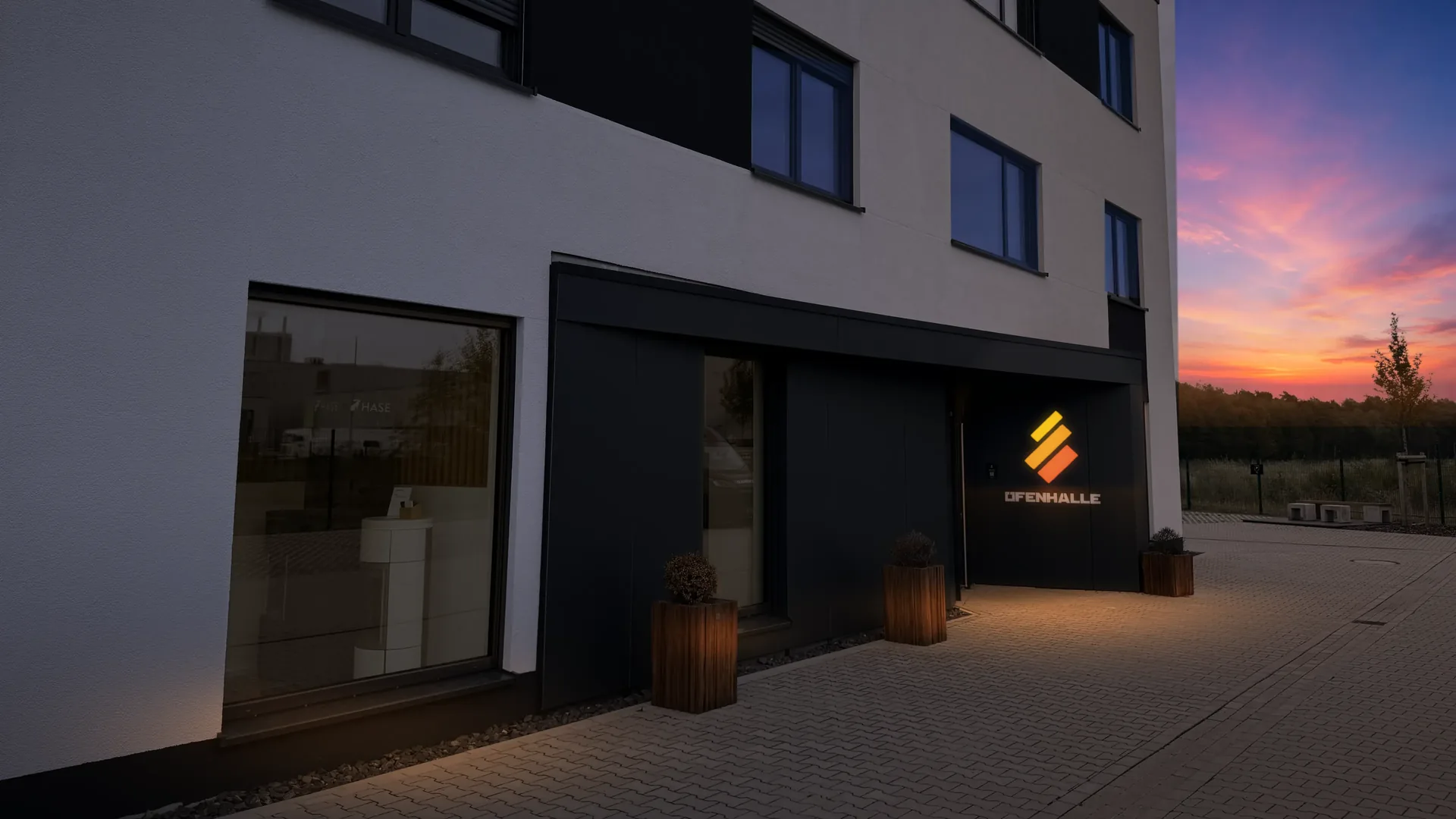 Außenansicht der Ofenhalle mit beleuchtetem Showroom bei Abendstimmung