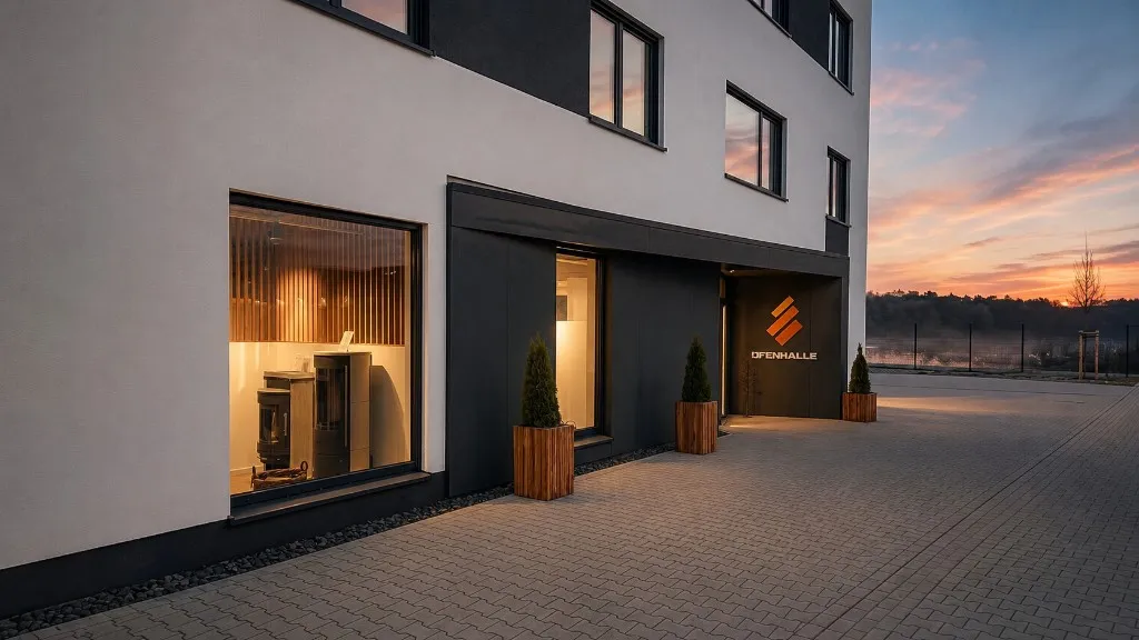 Außenansicht der Ofenhalle mit beleuchtetem Showroom bei Abendstimmung